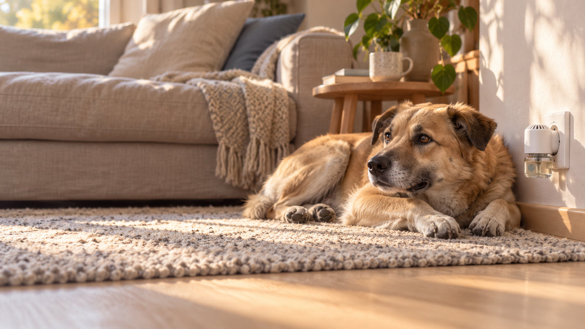 Perro descansando junto al difusor calmante Hertta en un living acogedor